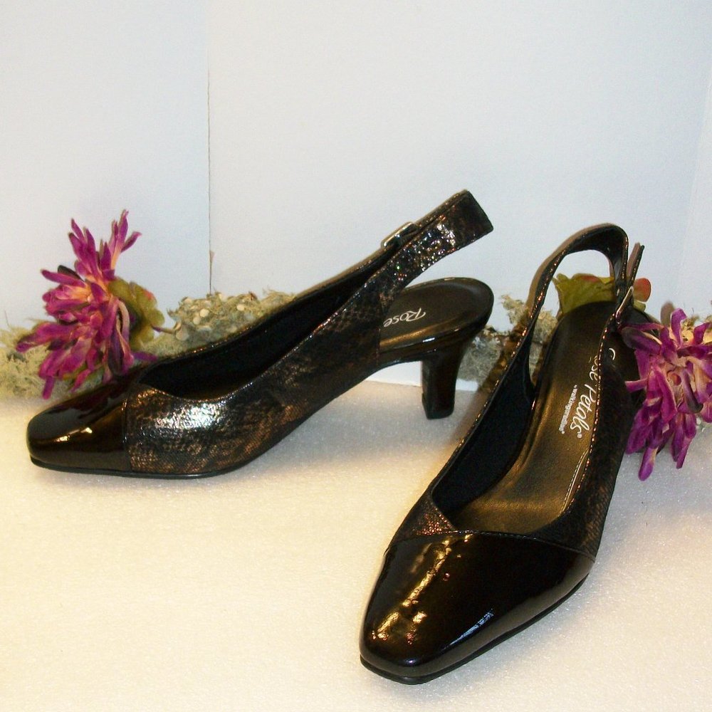 ROSE PETALS by Walking Cradles 7M Slingback Shoes Black Gold Snakeskin 2.5" Heel
